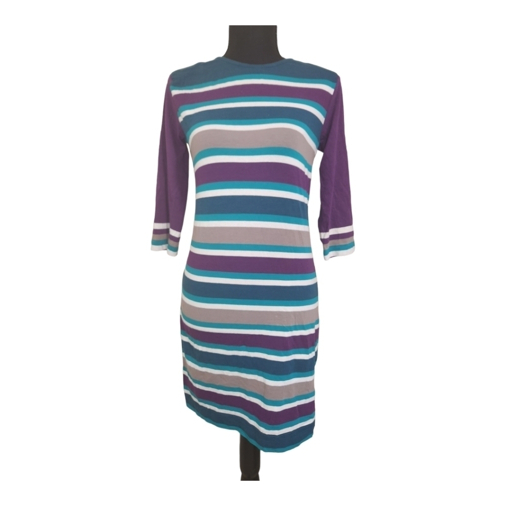FRENCH CONNECTION bodycon fitted striped mini dress teal, purple & white size 8